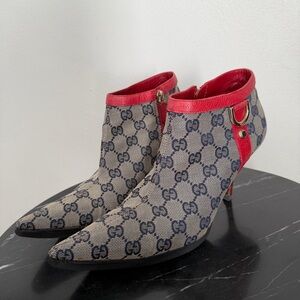 Gucci 2000s Women's Monogram Blue  Heel Booties with D ring and red leather.